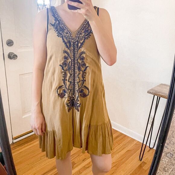 Free People Embroidered Tassel Mini Dress Mustard S - Picture 1 of 8
